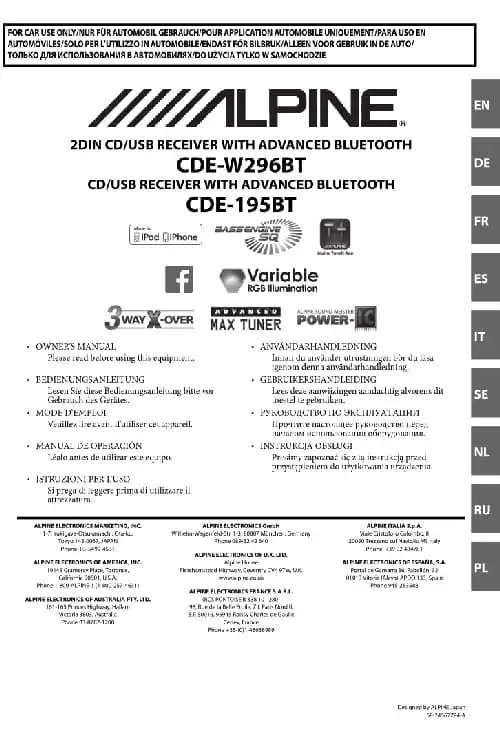 Alpine CDE-W296BT. Інструкція з експлуатації