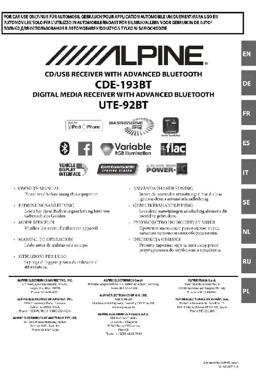 Alpine UTE-92BT. Інструкція з експлуатації