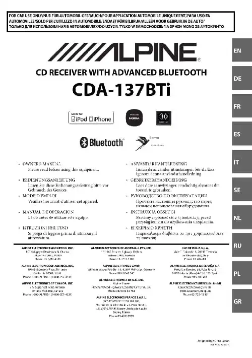 Alpine CDA-137BTi. Інструкція з експлуатації