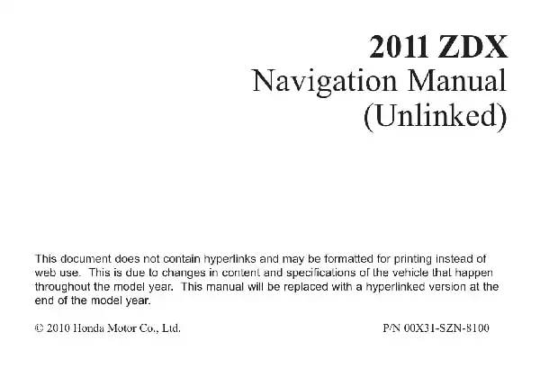 Acura ZDX 2011 MY. Navigation Manual
