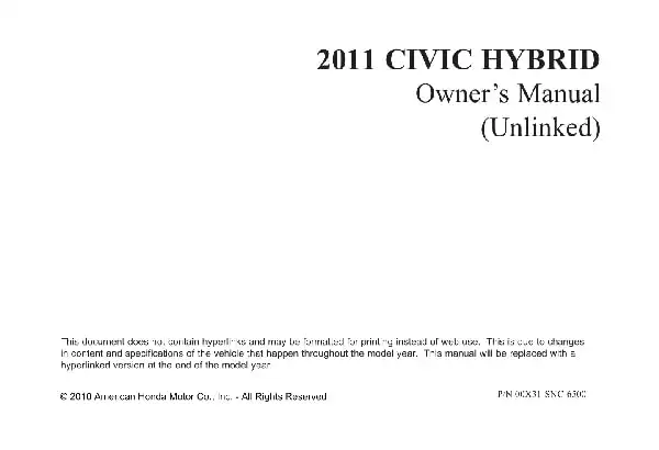Honda Civic Hybrid 2011 MY. Owner&#39;s Manual