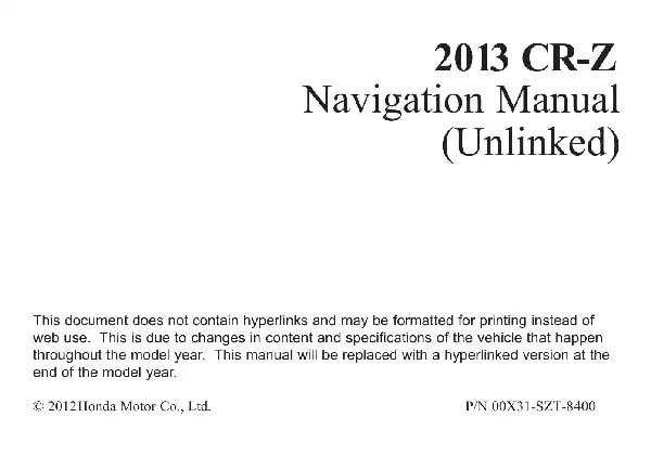 Honda CR-Z 2013 MY. Navigation Manual