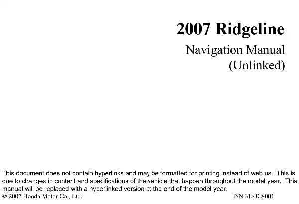 Honda Ridgeline 2007 MY. Navigation Manual
