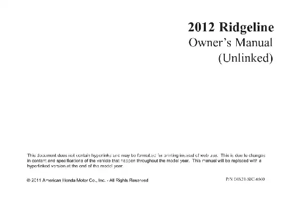 Honda Ridgeline 2012 MY. Owner&#39;s Manual