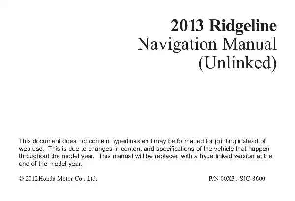 Honda Ridgeline 2013 MY. Navigation Manual